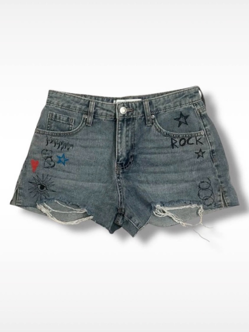 Playboy Distressed Denim Shorts with Hand-Drawn Designs Juniors size 5 (W25.5”)